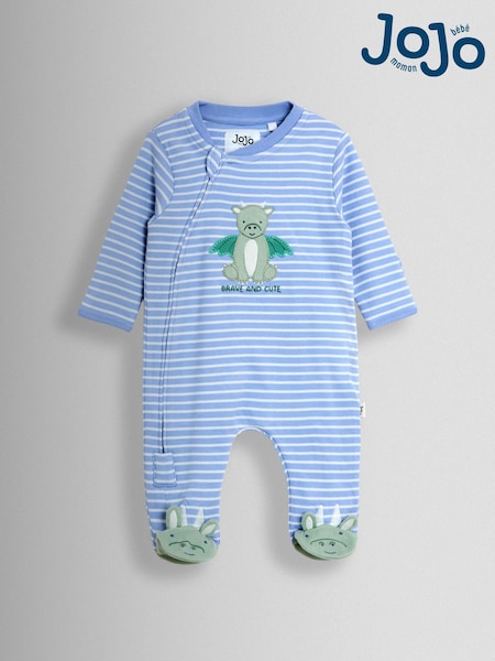 JoJo Maman Bébé Blue 100% Cotton Footed Stripe Appliqué  Sleepsuit (H14598) | AED128