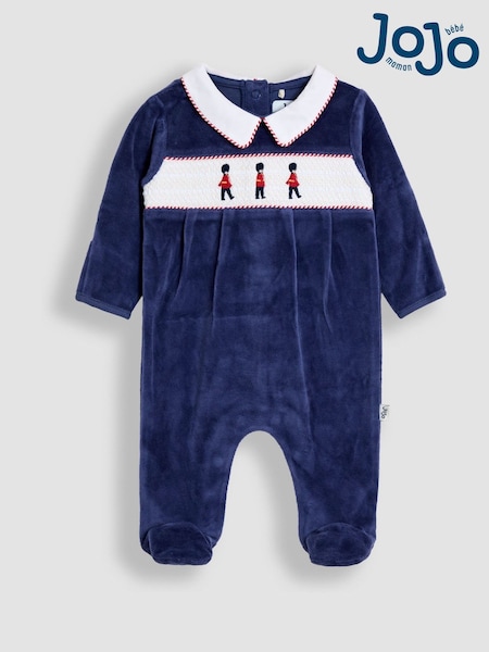 JoJo Maman Bébé Navy Soldier Smocked Velour Footed All-In-One (H14614) | AED140