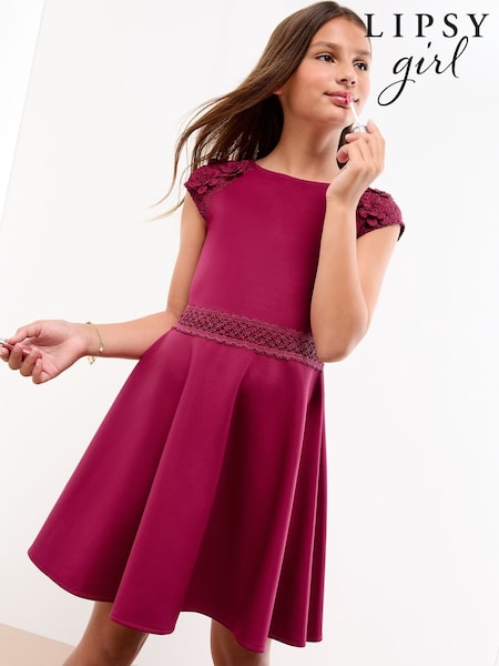 Lipsy Burgundy Red Scuba 3D Lace Occasion Dress (5-16yrs) (H14673) | €68 - €79