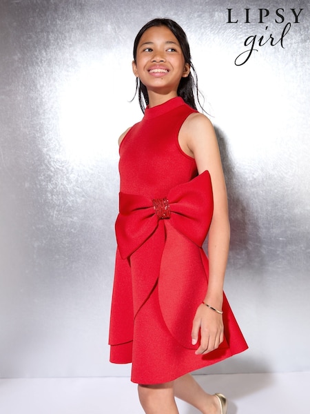 Lipsy Red Bow Scuba Halter Dress (5-16yrs) (H14674) | €52 - €62