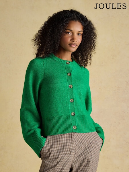 Grønn - Joules Relaxed Knitted Round Neck Button Through Cardigan (H14678) | kr770