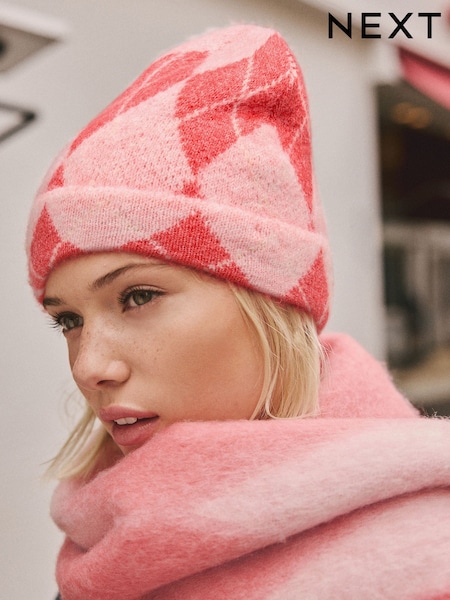 Red/Pink Argyle - Knitted Beanie (H14682) | € 13
