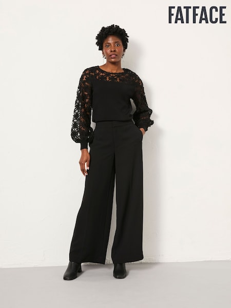 FatFace Julia Black Satin Back Crepe Wide Leg Trouser (H14752) | €78