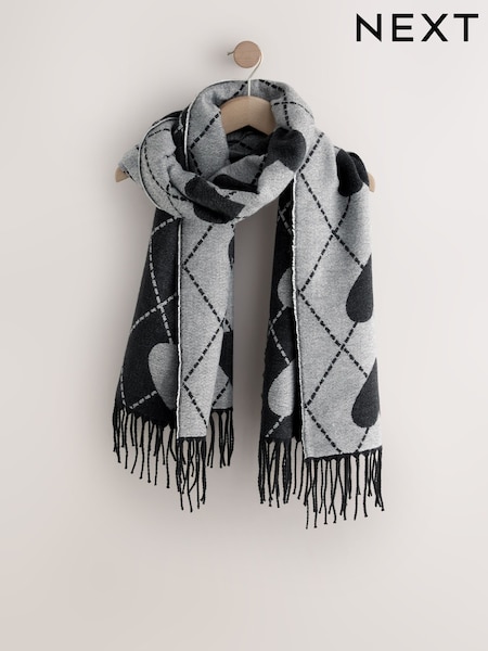 Black/White Argyle Hearts Midweight Scarf (H14759) | AED84