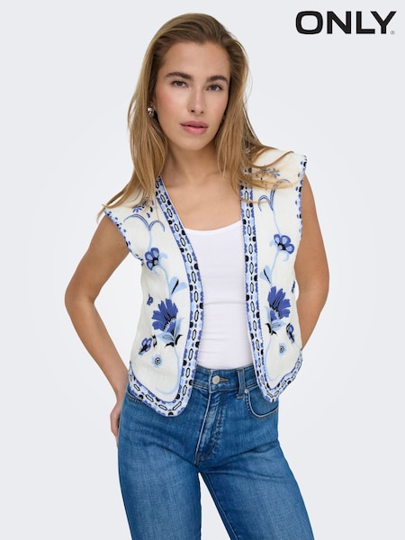 ONLY White Floral Print Embroidered 100% Cotton Waistcoat (H14767) | €48