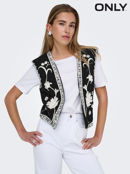 ONLY Black Floral Print Embroidered 100% Cotton Waistcoat (H14769) | €48