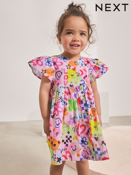 Multi Pink Graffiti Button Up Summer Dress (3mths-10yrs) (H14825) | AED56 - AED71