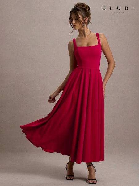 Club L London Red Parina Strappy Volume Hem Midi Dress (H14883) | €126