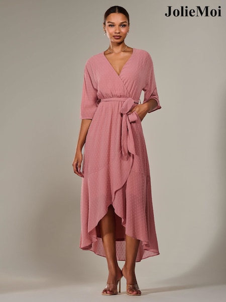 Jolie Moi Pink Wrap Tie Front Midi Dress (H14926) | 356 QAR
