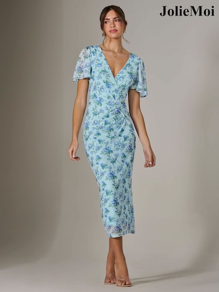 Jolie Moi Blue Mesh Short Sleeve Midi Dress (H14938) | ₪337