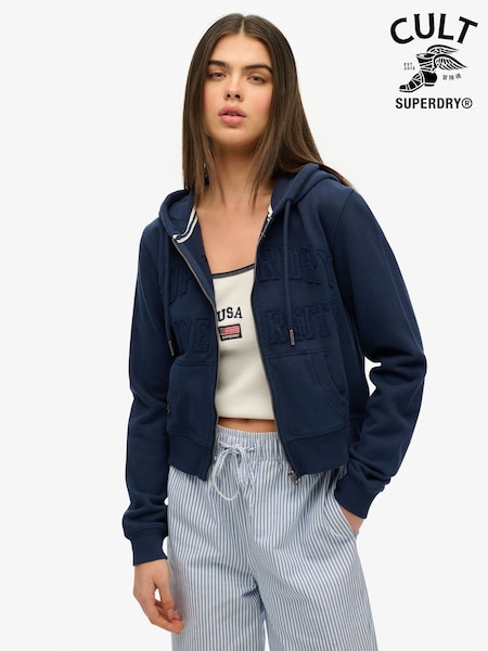 Superdry Blue Athletic Essentials Tonal Cropped Zip 100% Cotton Hoodie (H14954) | $96