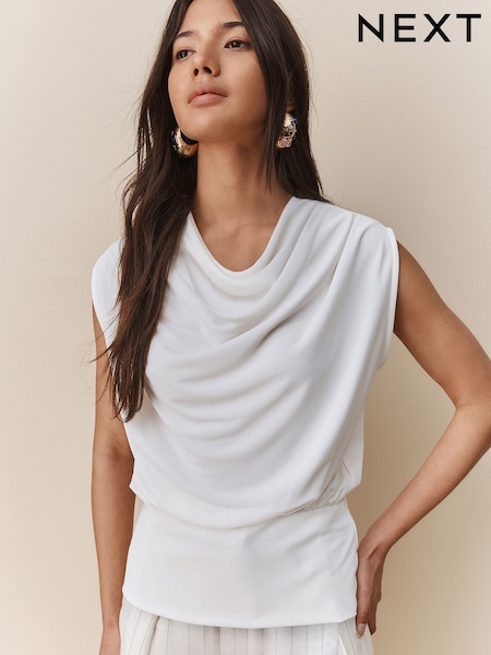 Ecru - High Neck Sleeveless Drape Cowl Top (H14984) | R$ 250