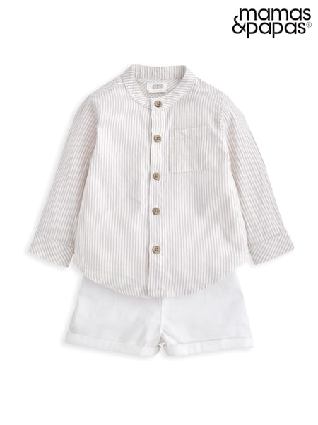 Mamas & Papas Grandad Collar 100% Cotton Brown Shirt & Shorts Set (H15052) | €55