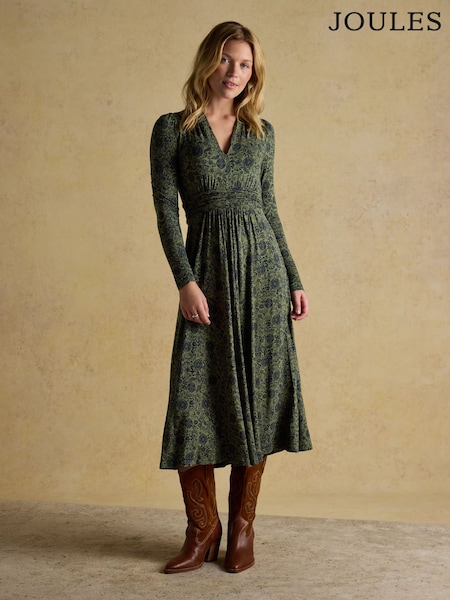 Joules Mina Khaki Green Jersey Ruched Waist Dress (H15088) | €69