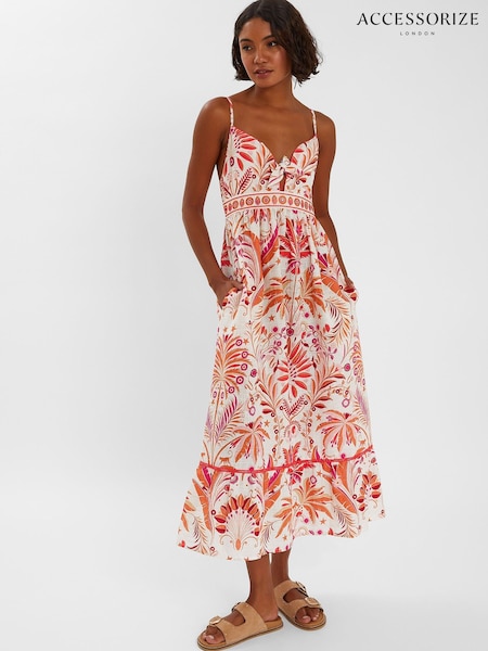 Accessorize Cream Palm Print Tie-Front Midi 100% Cotton Sundress (H15174) | €80