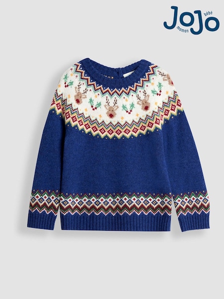 JoJo Maman Bébé Navy Blue Reindeer Christmas Fair Isle Jumper (H15192) | AED175 - AED210