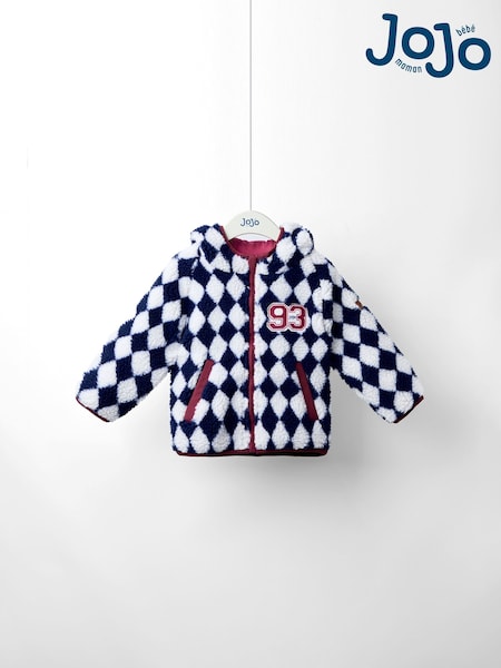 JoJo Maman Bébé Navy Blue Harlequin Hooded Teddy Fleece Jacket (H15195) | R$ 315 - R$ 375