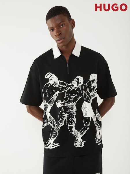 HUGO Black Boxing Print Zip-Up Polo Shirt (H15335) | 490 QAR