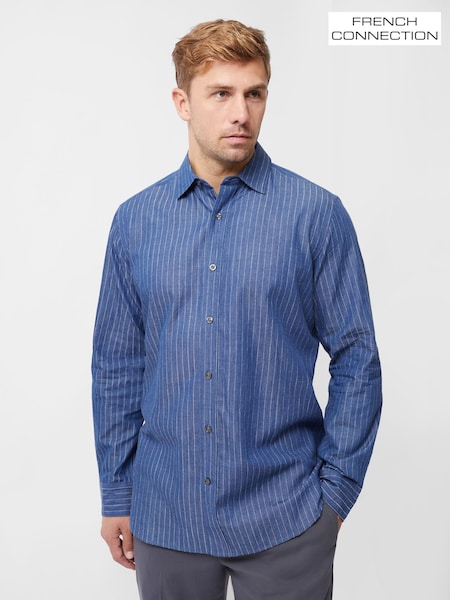 French Connection Blue 100% Cotton Chambray Stripe Long Sleeve Button Up Shirt (H15458) | €68