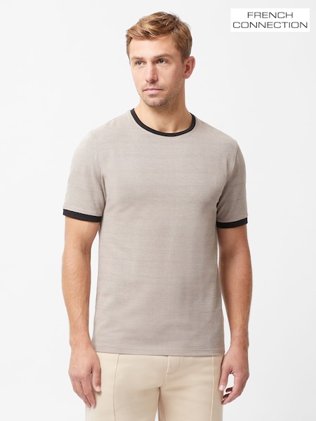 French Connection Natural Cotton Blend Textured T-Shirt with Contrast Neck and Cuffs (H15464) | 220 zł