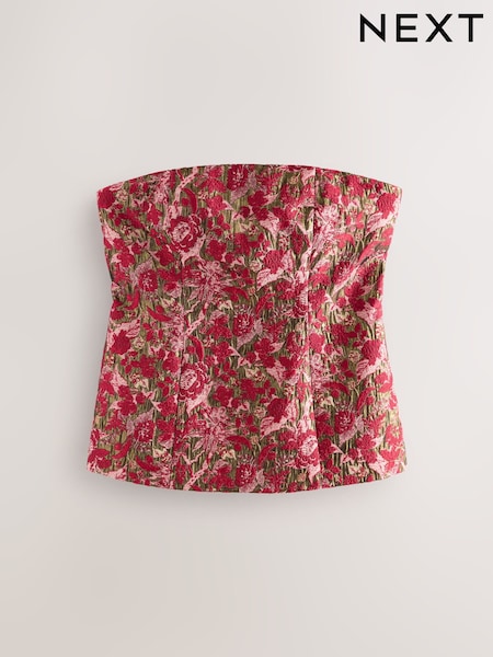 Pink/Red Floral Metallic Jacquard Structured Longline Bandeau (H15474) | R$ 295