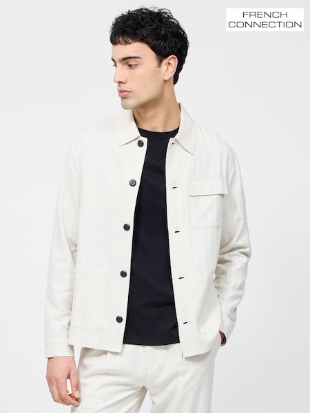 French Connection Natural Cotton Blend Herringbone Button Up Chore Shacket Overshirt (H15484) | R$ 980