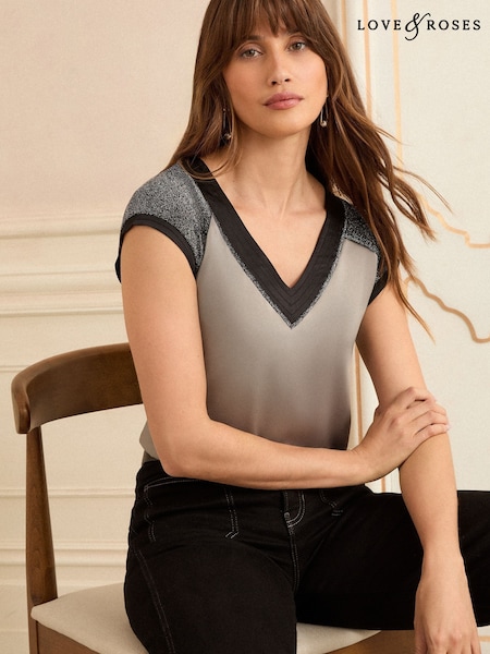 Love & Roses Silver Colourblock Satin Front T-Shirt (H15492) | €36
