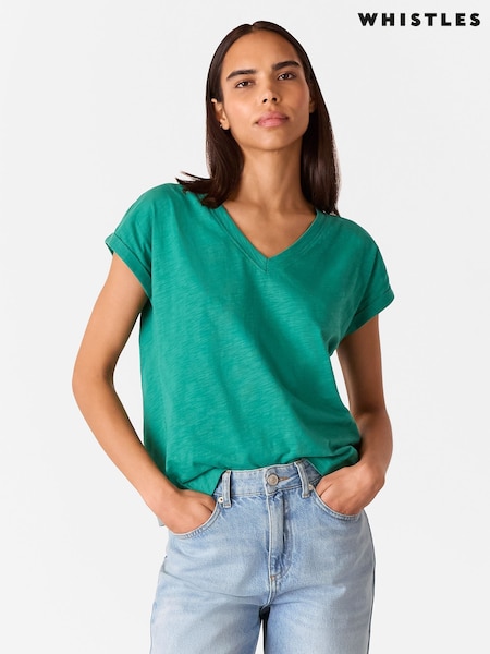 Whistles Green Willa V-Neck Cap Sleeve 100% Cotton T-Shirt (H15576) | ₪176