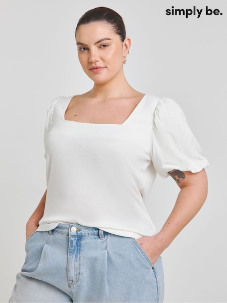 Simply Be White Scoop Neck Puff Sleeve Rib T-Shirt (H15646) | €32