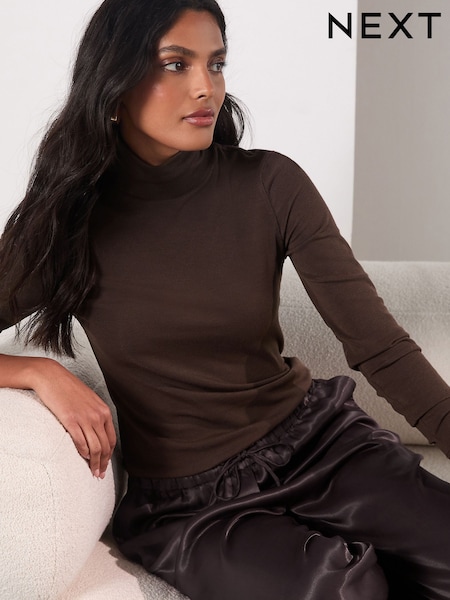 Chocolate Brown High Neck Long Sleeve Top with TENCEL™ Lyocell (H15658) | R$ 120