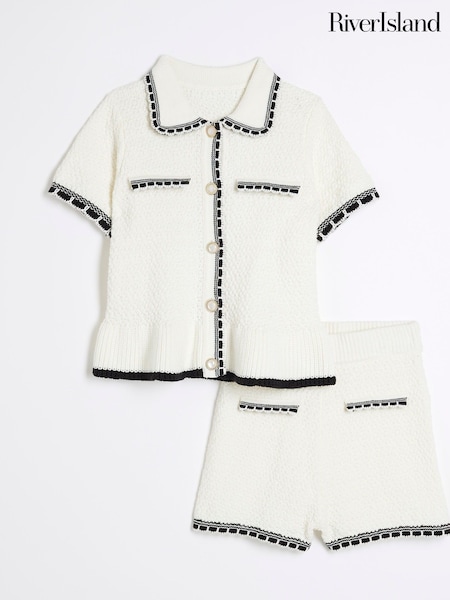 River Island Cream Girls Textured Tipped Polo Top And Short Set (H15737) | 2,343 UAH