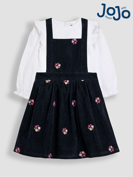 JoJo Maman Bébé Blue Embroidered Cord Pinafore Dress & Blouse Set (H15840) | AED186 - AED221