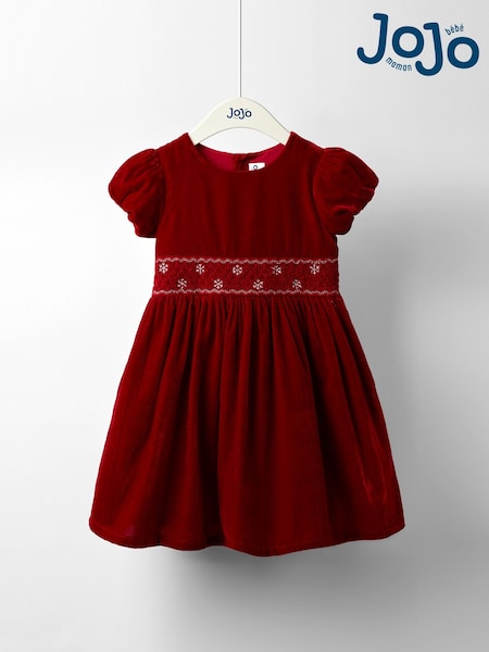 JoJo Maman Bébé Red Smock Waist Velvet Party Dress (H15841) | R$ 355 - R$ 415