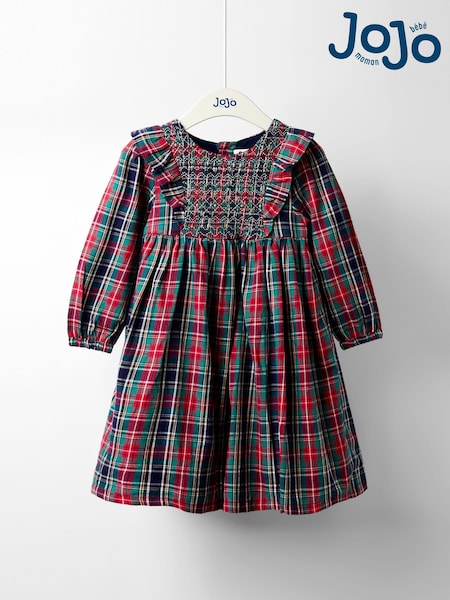 JoJo Maman Bébé Blue Smocked Frill Tartan Party Dress (H15865) | AED218 - AED256