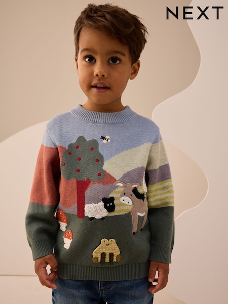 Green/Blue Farm Scene Knitted Jumper (3mths-7yrs) (H15927) | AED86 - AED97