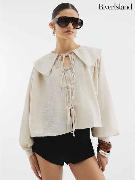 River Island Brown Tie Front Large Collar Blouse (H15951) | €57