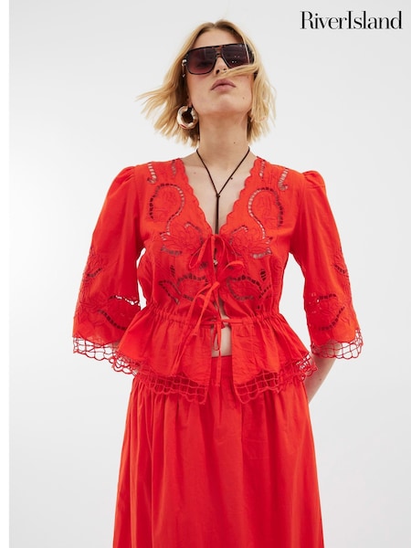 River Island Red 100% Cotton 3/4 Sleeve Tie Front Cutwork Blouse (H15953) | €48