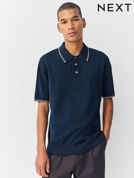 Mornarsko modra - Regular Fit Cotton Rich Short Sleeve Tipped Knit Polo Shirt (H15960) | € 32