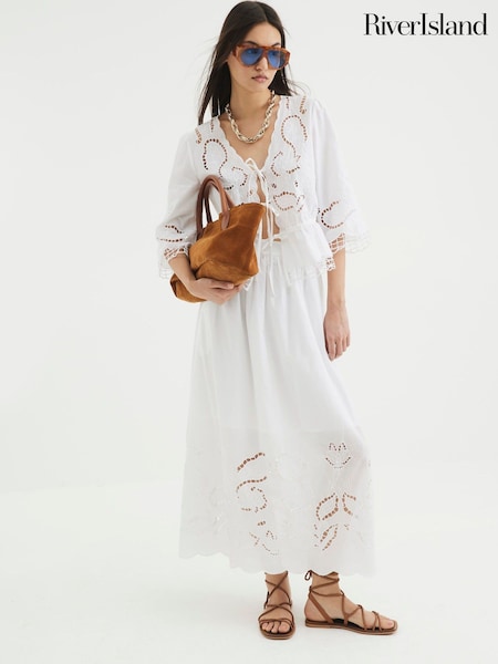 River Island Broderie Cutwork 100% Cotton Maxi Skirt (H15980) | 343 LEI