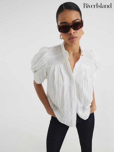 River Island White Short Sleeve Stripe Pleated Blouse (H15987) | 2,403 UAH