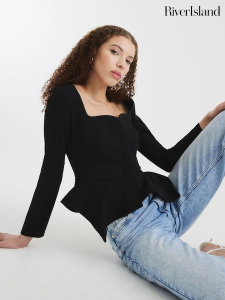 River Island Black Peplum Sweetheart Blouses (H15988) | €52