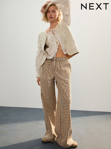 Chocolate/Ecru Gingham Cotton Rich Wide Leg Pull On Trousers (H15990) | €37