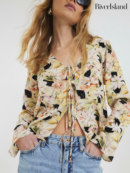 River Island Yellow Floral Print Tie Front Top (H15996) | €45