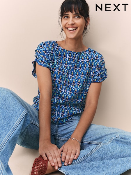 Blue Tile Print Flutter Sleeve Textured Smart Top (H16001) | €28