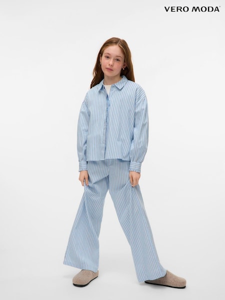 VERO MODA Blue Girls Striped Wide Leg Elasticated Waist 100% Cotton Woven Trousers (H16011) | €40