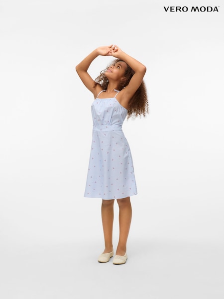 VERO MODA Blue Girls Cherry Print 100% Cotton Strappy Tie Detail Printed Woven Mini Dress (H16012) | ₪161