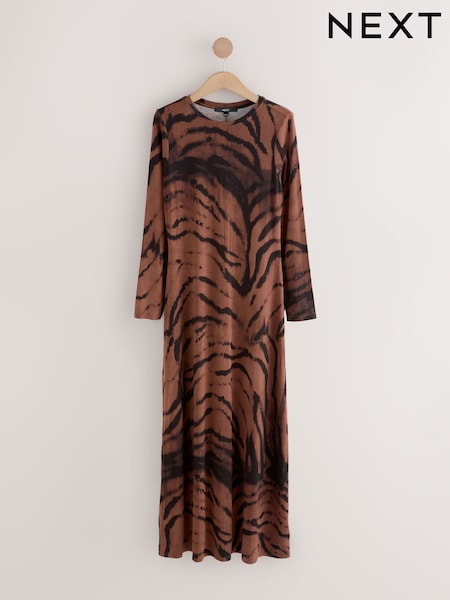 Chocolate Brown Animal Print Jersey A-line Long Sleeve Maxi Dress (H16125) | 144 QAR