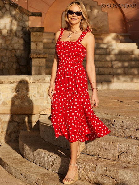 Sosandar Red Spot Print Tie Shoulder Midi Dress (H16131) | €78