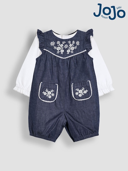 JoJo Maman Bébé Blue Embroidered Chambray Dungarees & Top Set (H16247) | AED186 - AED198