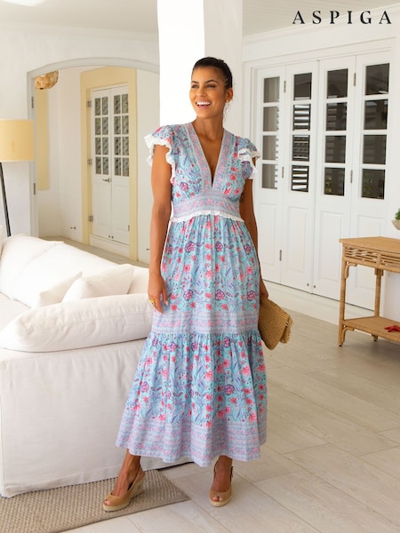 Aspiga Blue Pippa Block Print 100% Cotton Dress (H16328) | €279